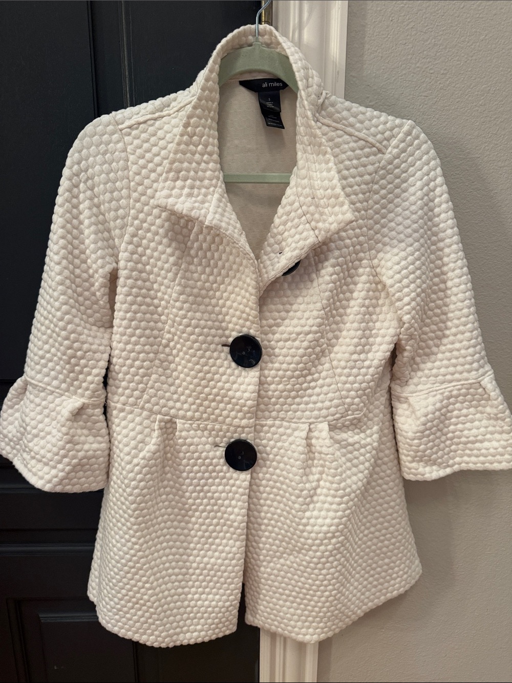 Ali Miles Cream Textured Peplum Pea Coat with Black Buttons